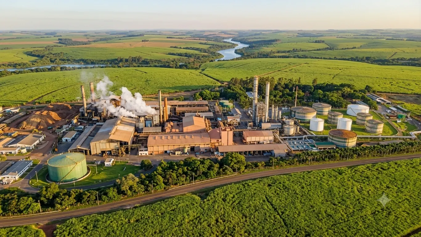 Vista aérea de usina de biocombustíveis com plantação ao redor